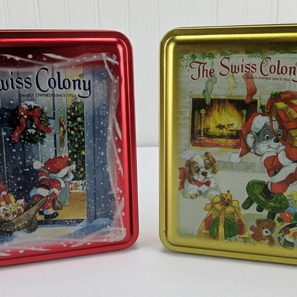 The Swiss Colony Metal Tin Lot of 2 Red Gold Santa Mouse Christmas Square Empty - Picture 1 of 16